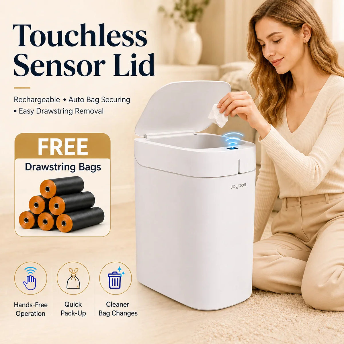 White touchless smart trash can with automatic bag sealing feature in a living room setting