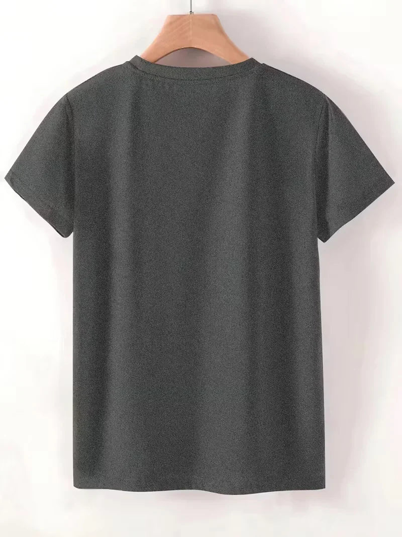 Back view of a plain dark grey short-sleeved t-shirt on a hanger