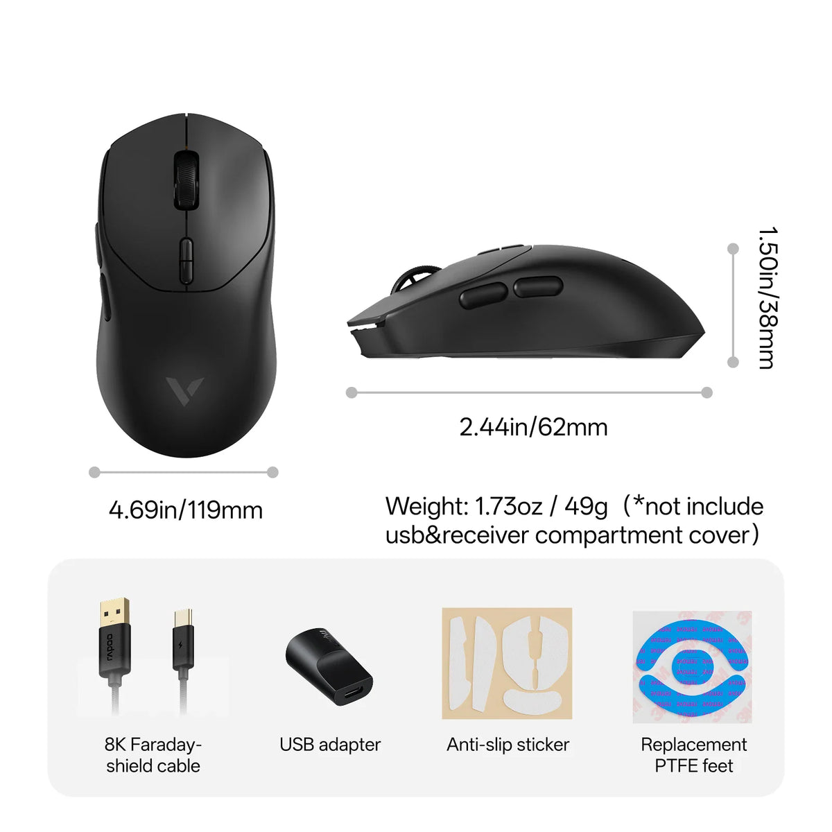 Technical diagram showing dimensions of a black gaming mouse and included accessories like cable, adapter, and grip tape.