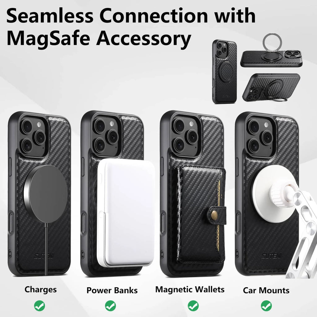 Black carbon fiber-style protective phone case with a built-in circular magnetic kickstand ring – view 5
