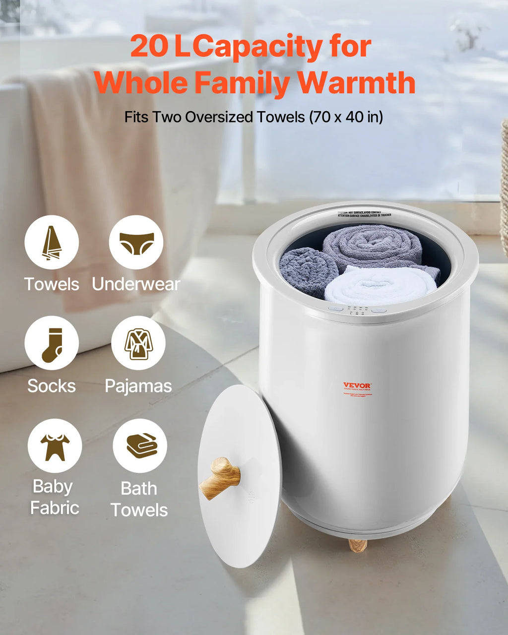 A white towel warmer bucket with various clothing items listed around it to show capacity