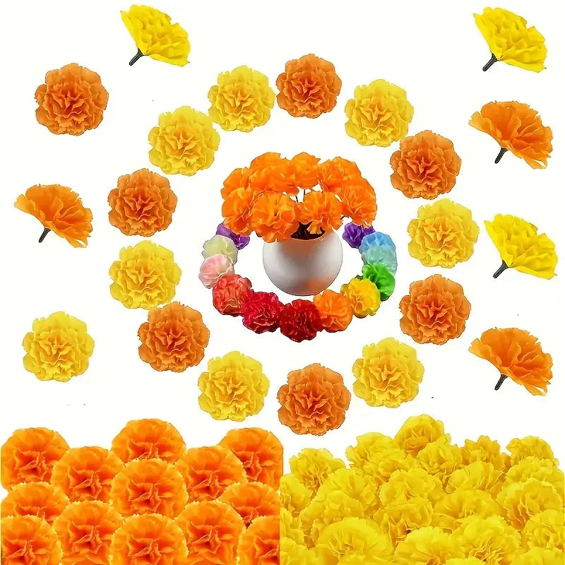 A collection of yellow and orange artificial marigold flowers arranged around a small vase