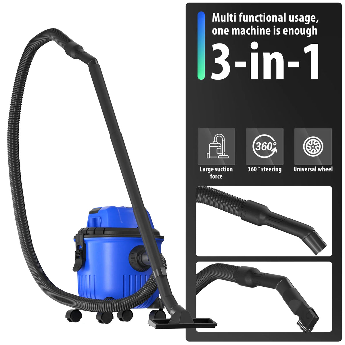 Blue wet and dry vacuum cleaner demonstrating multifunctional 3-in-1 usage features