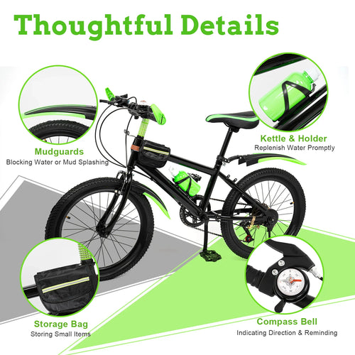 Black and green mountain bike highlighting mudguards, water bottle holder, storage bag, and compass bell