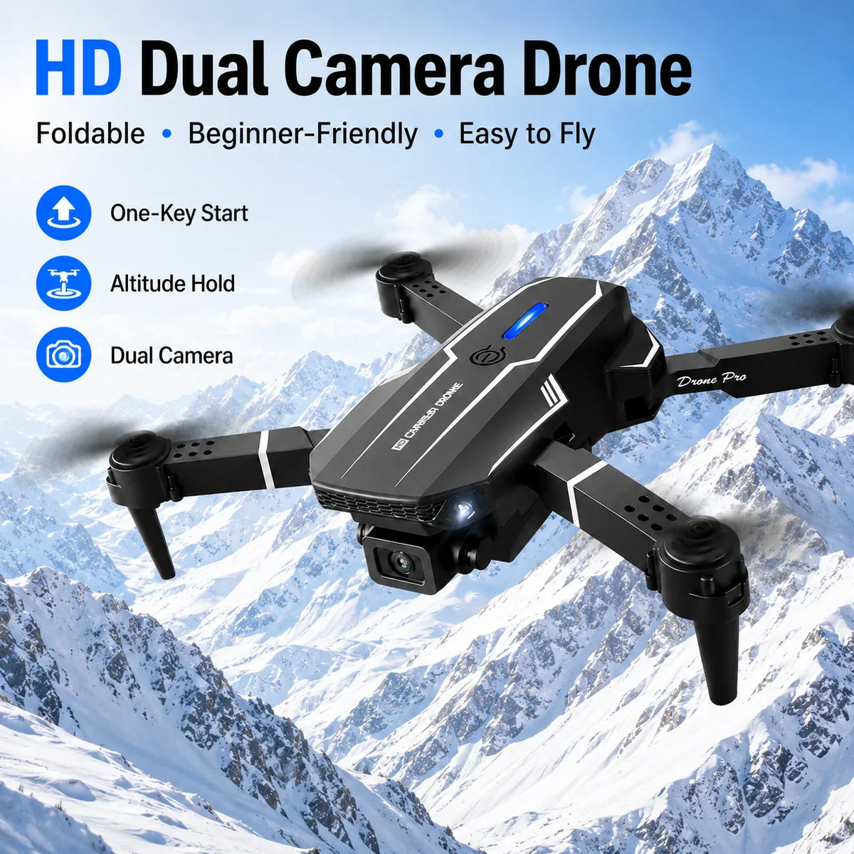Black foldable camera drone in flight over a snow-capped mountain range.