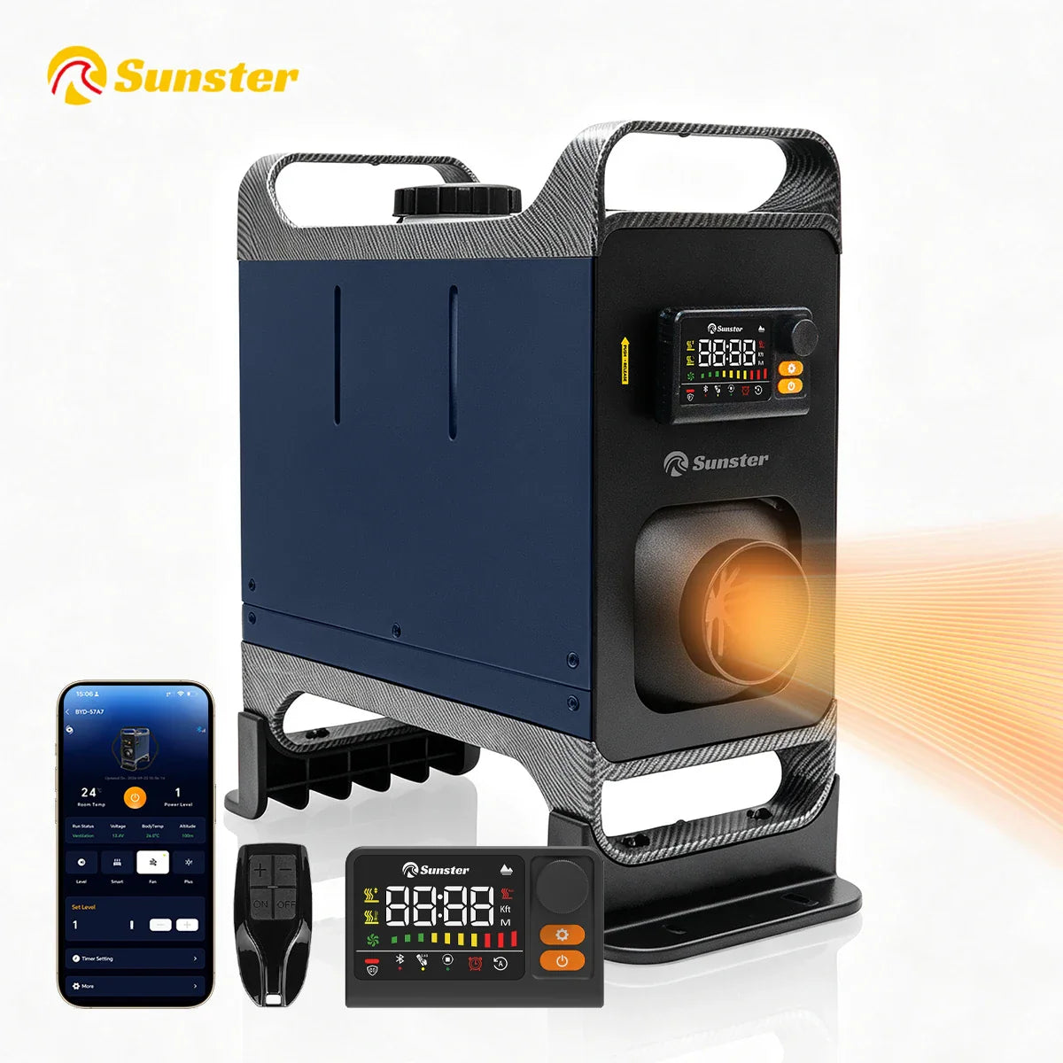 Portable 8KW diesel air heater with remote control, LCD screen, and app interface.