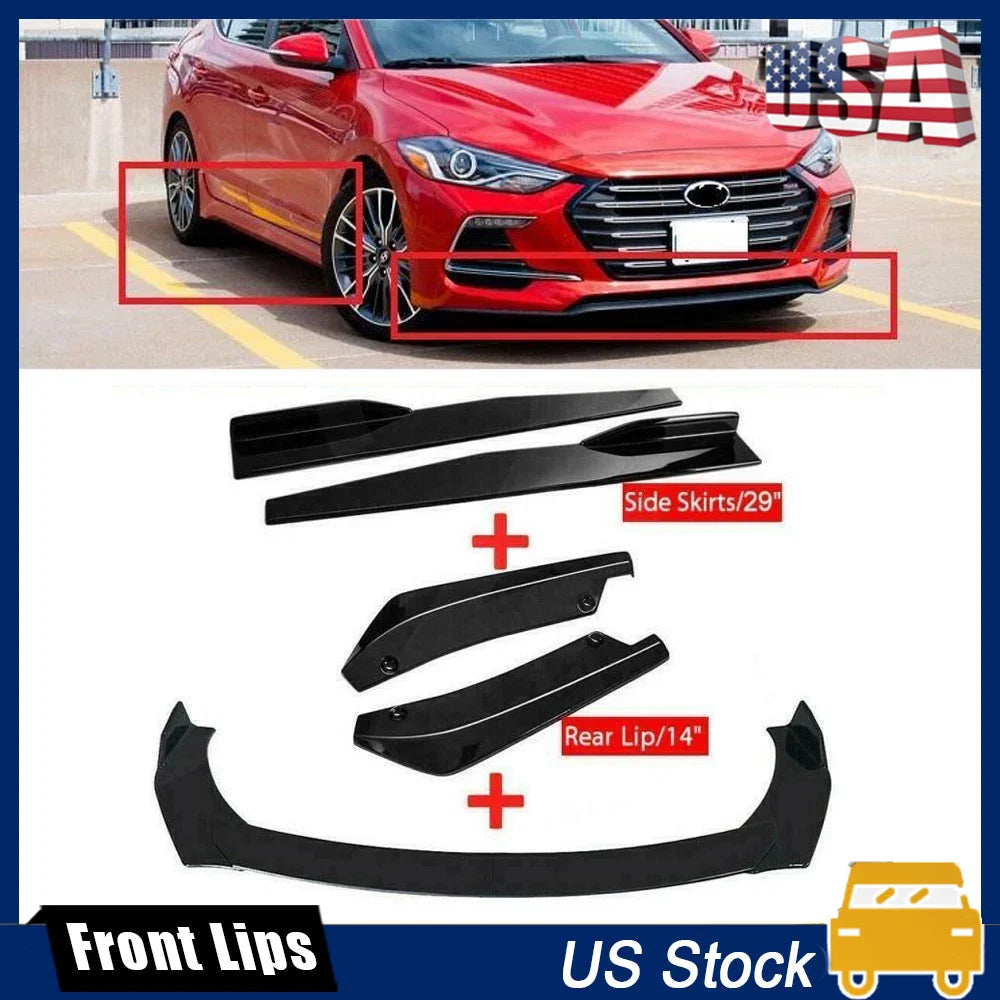 8-piece universal front bumper lip and side skirt extension kit in PP plastic