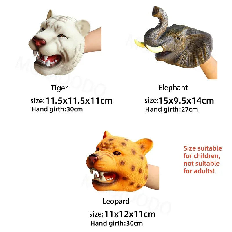 Three different animal hand puppets including white tiger, elephant, and leopard with size labels.