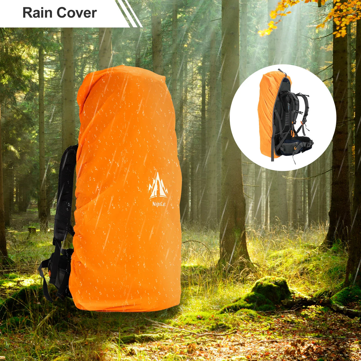 Bright orange waterproof rain cover on a hiking backpack in a forest setting.