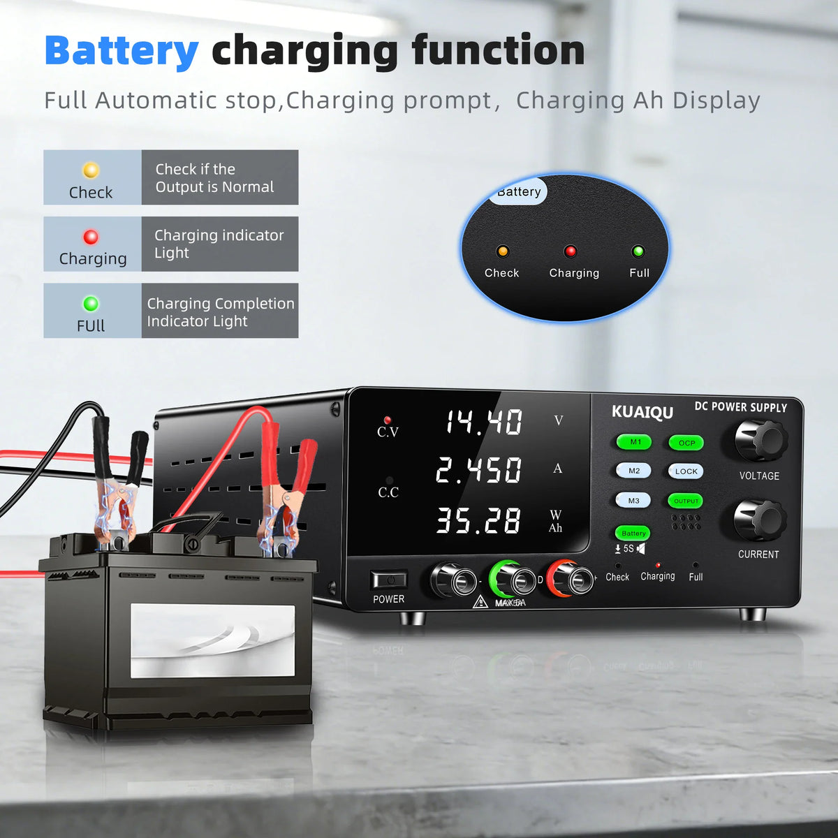 60V 20A bench DC power supply showing battery charging indicator lights