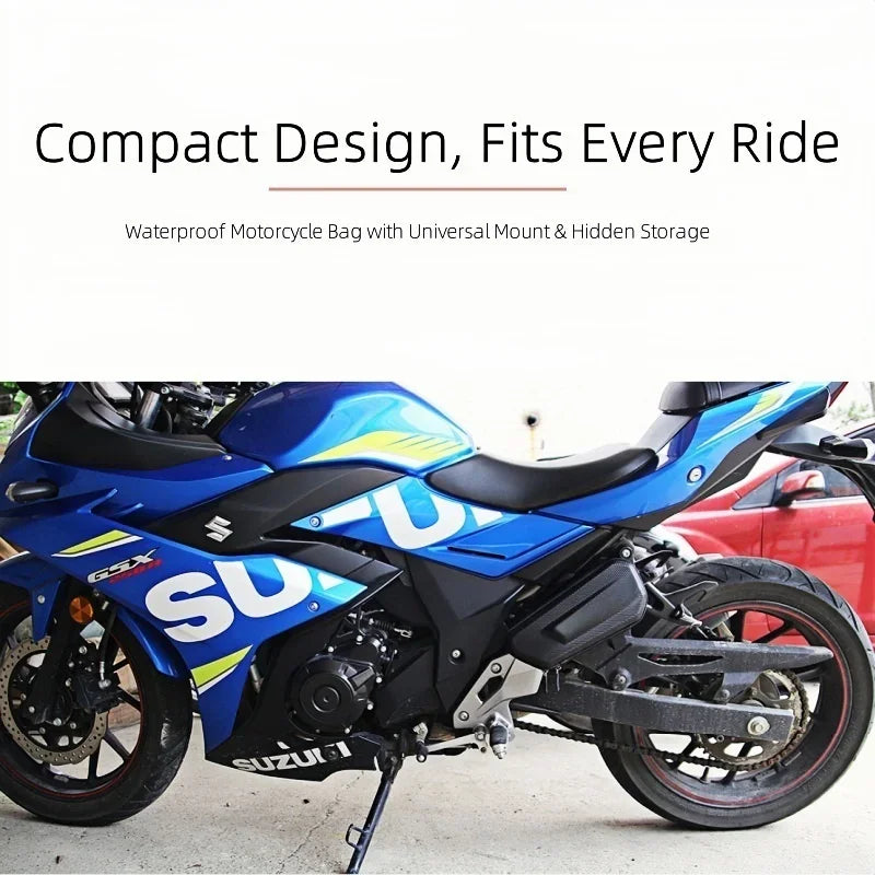 Motorcycle side storage bag mounted on a blue sport motorcycle