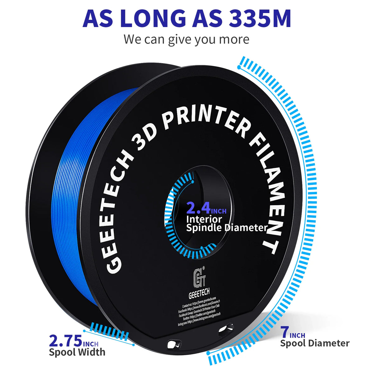 Spool of blue 3D printer filament with diagrams showing dimensions