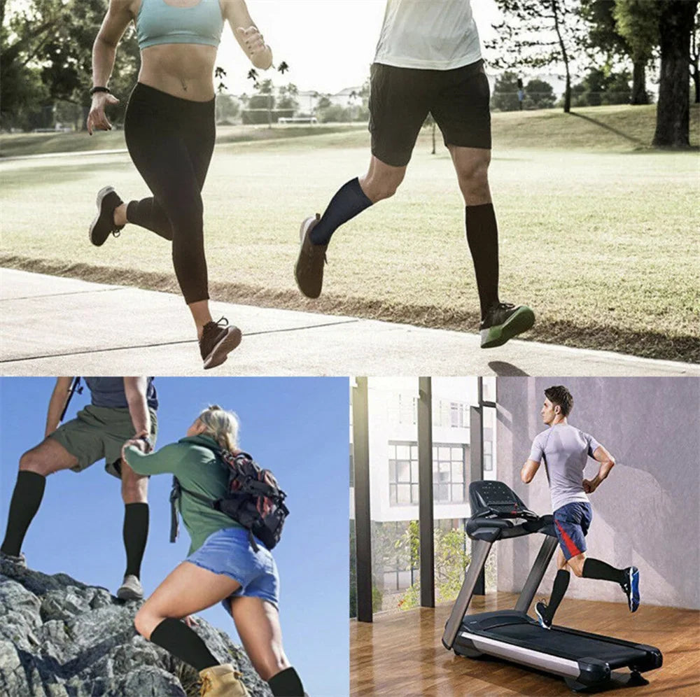 People wearing compression socks while running, hiking, and using a treadmill