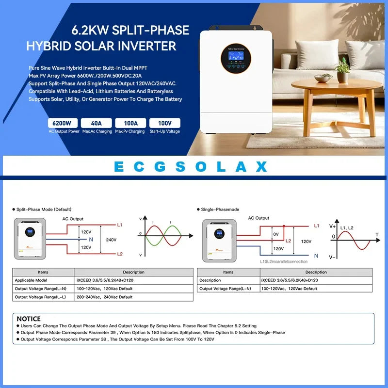 Split-phase hybrid solar inverter technical specifications and wiring diagram.