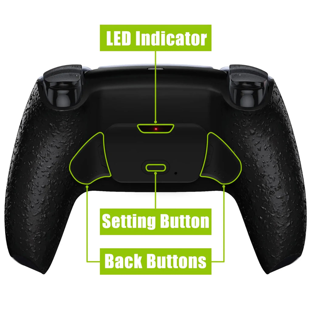 Rear view of a black textured game controller with back buttons and setting labels highlighted