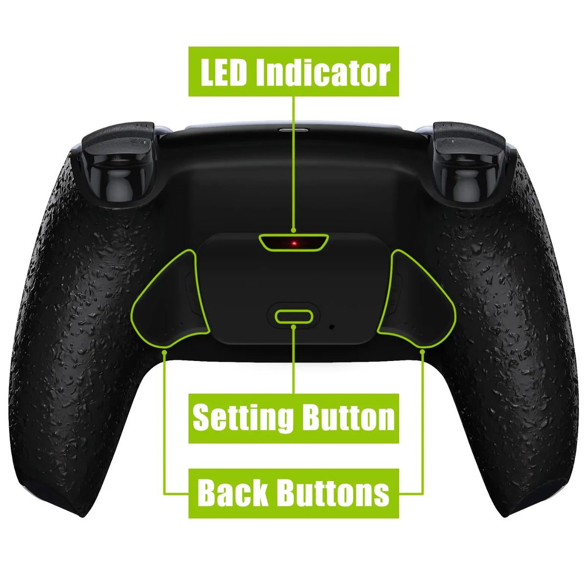 Rear view of a black textured game controller with back buttons and setting labels highlighted