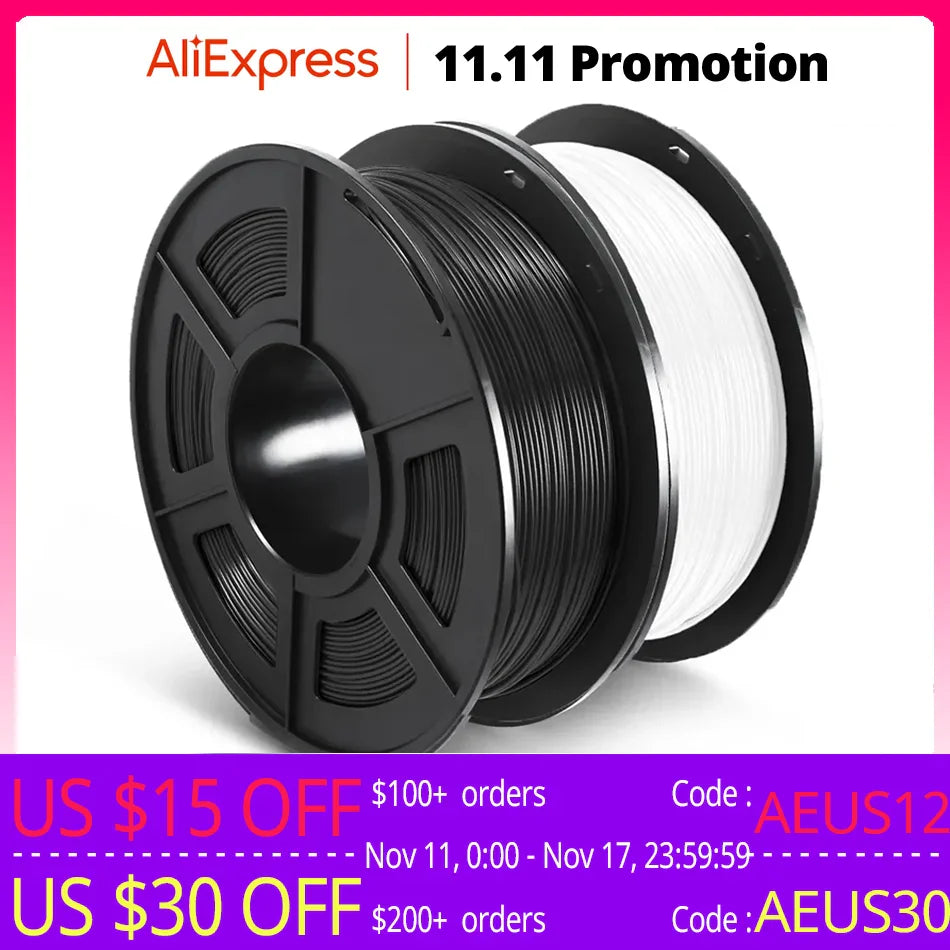 Black and white 3D printing filament spools