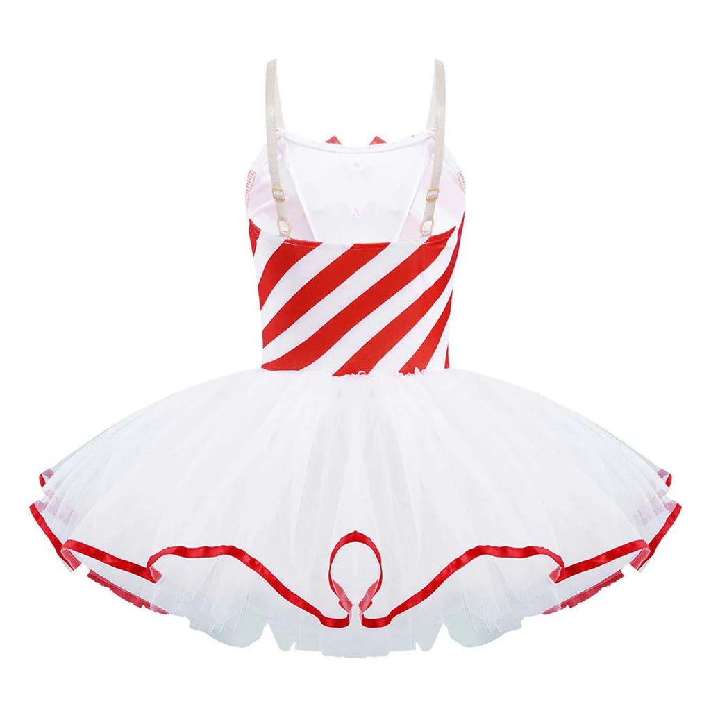 The back view of a candy cane striped leotard with a white tulle skirt and red ribbon trim.