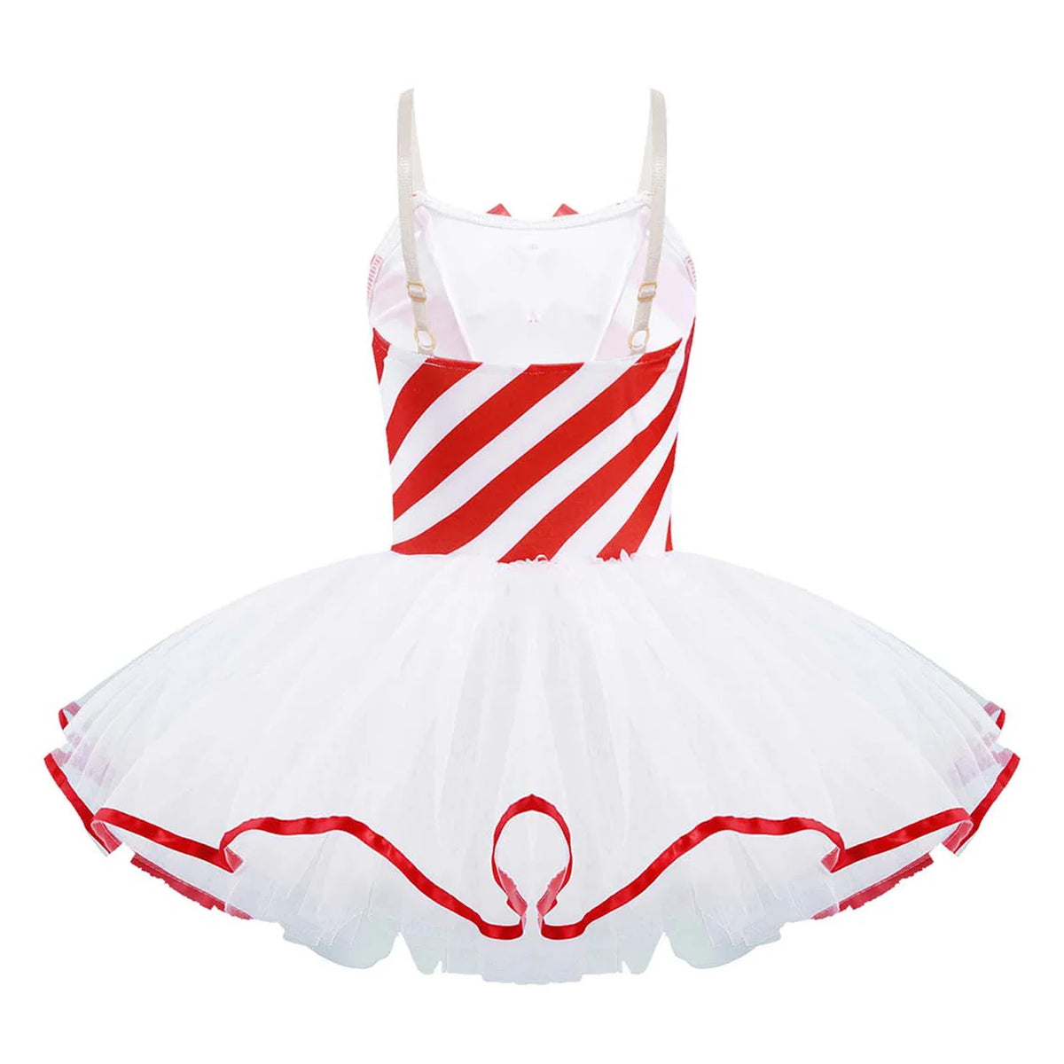 The back view of a candy cane striped leotard with a white tulle skirt and red ribbon trim.