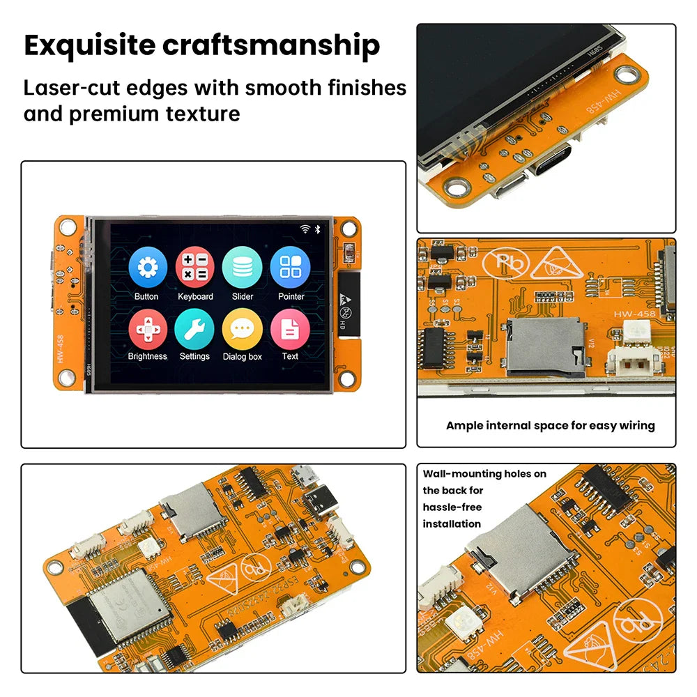 Collage of the ESP32 development board showing front, back, and mounting details