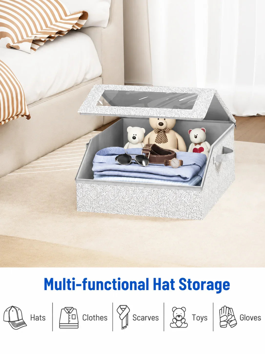 Multipurpose grey felt storage box containing folded clothes and stuffed toy bears