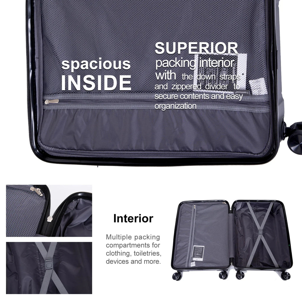 Interior view of a suitcase showcasing its packing compartments, zippered dividers, and straps.