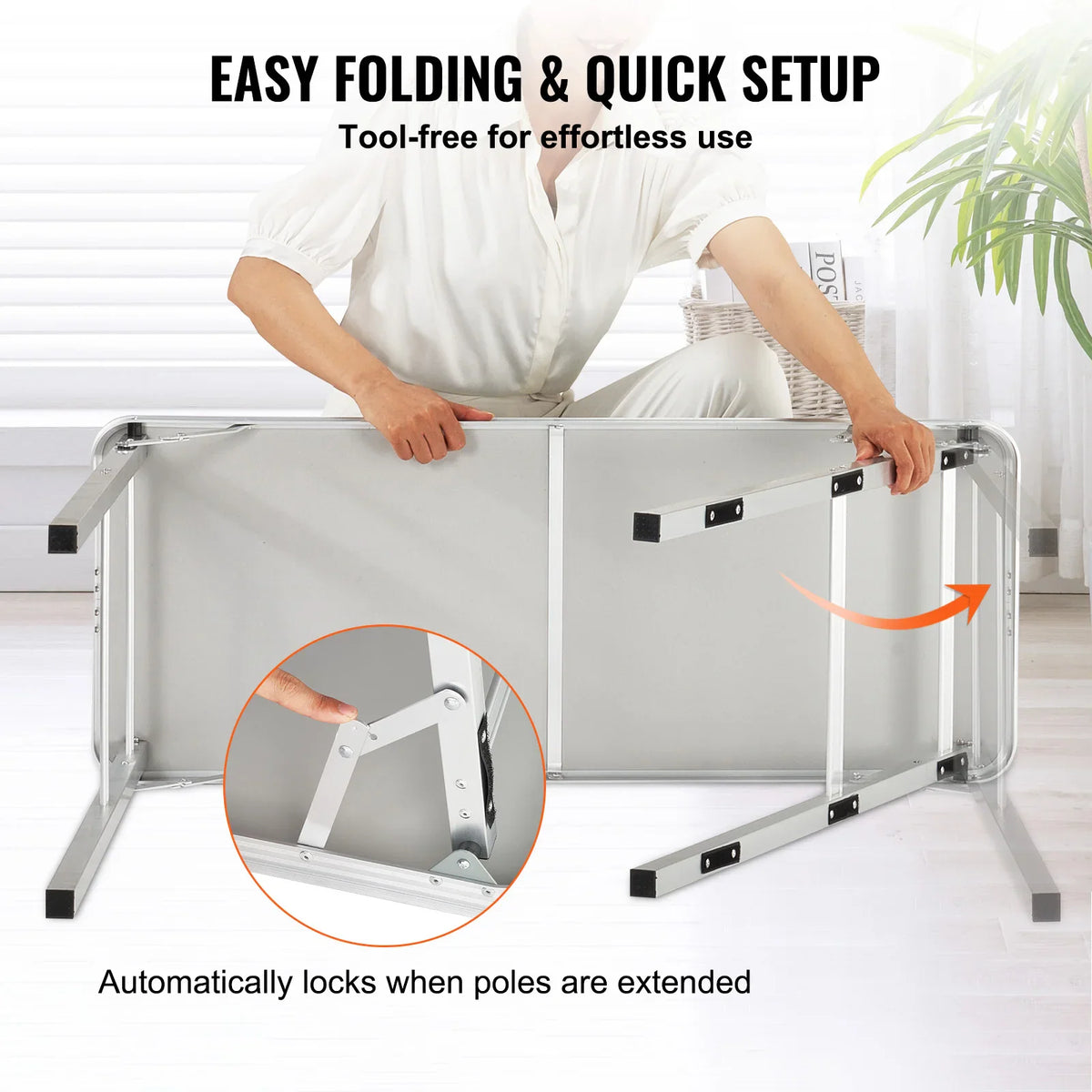 Person demonstrating the easy folding and tool-free setup of the portable event bar table