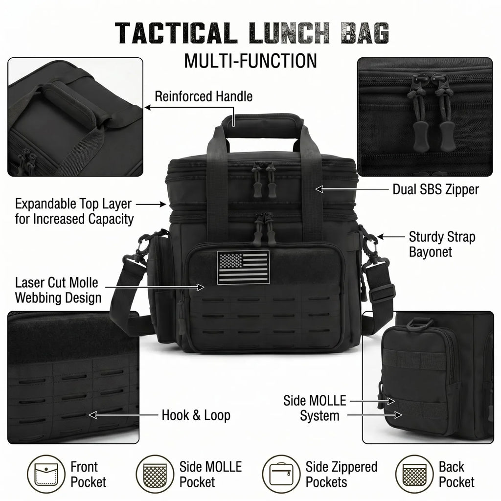 Features of black tactical lunch bag with detailed callouts