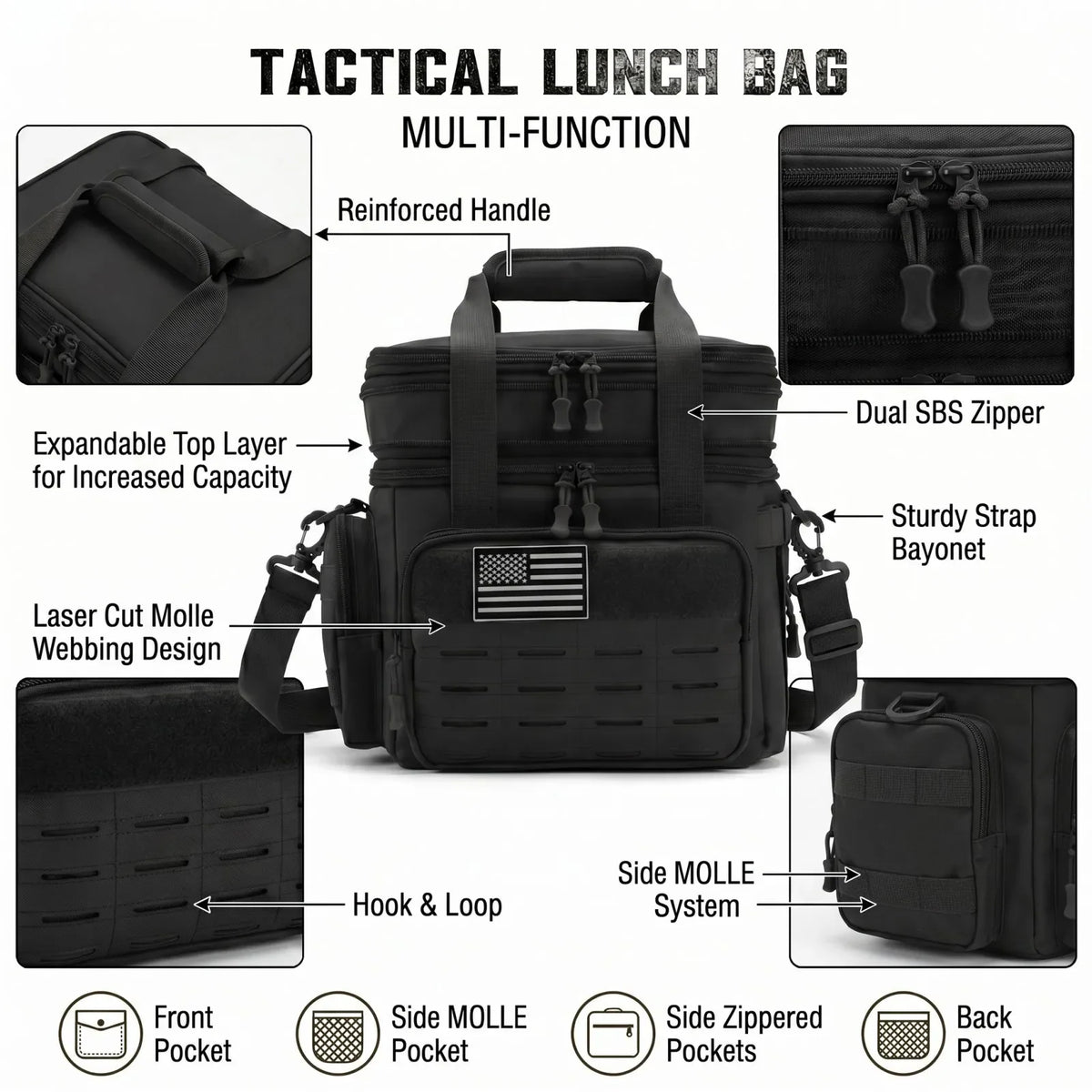 Features of black tactical lunch bag with detailed callouts