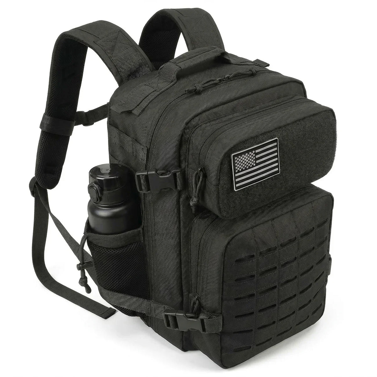 Black tactical gym backpack with water bottle pocket and MOLLE front panel.