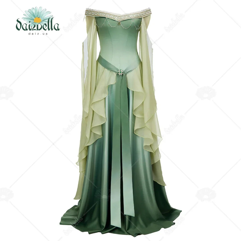 A green and yellow gradient renaissance medieval style elf dress with off-the-shoulder neckline and draped sleeves.