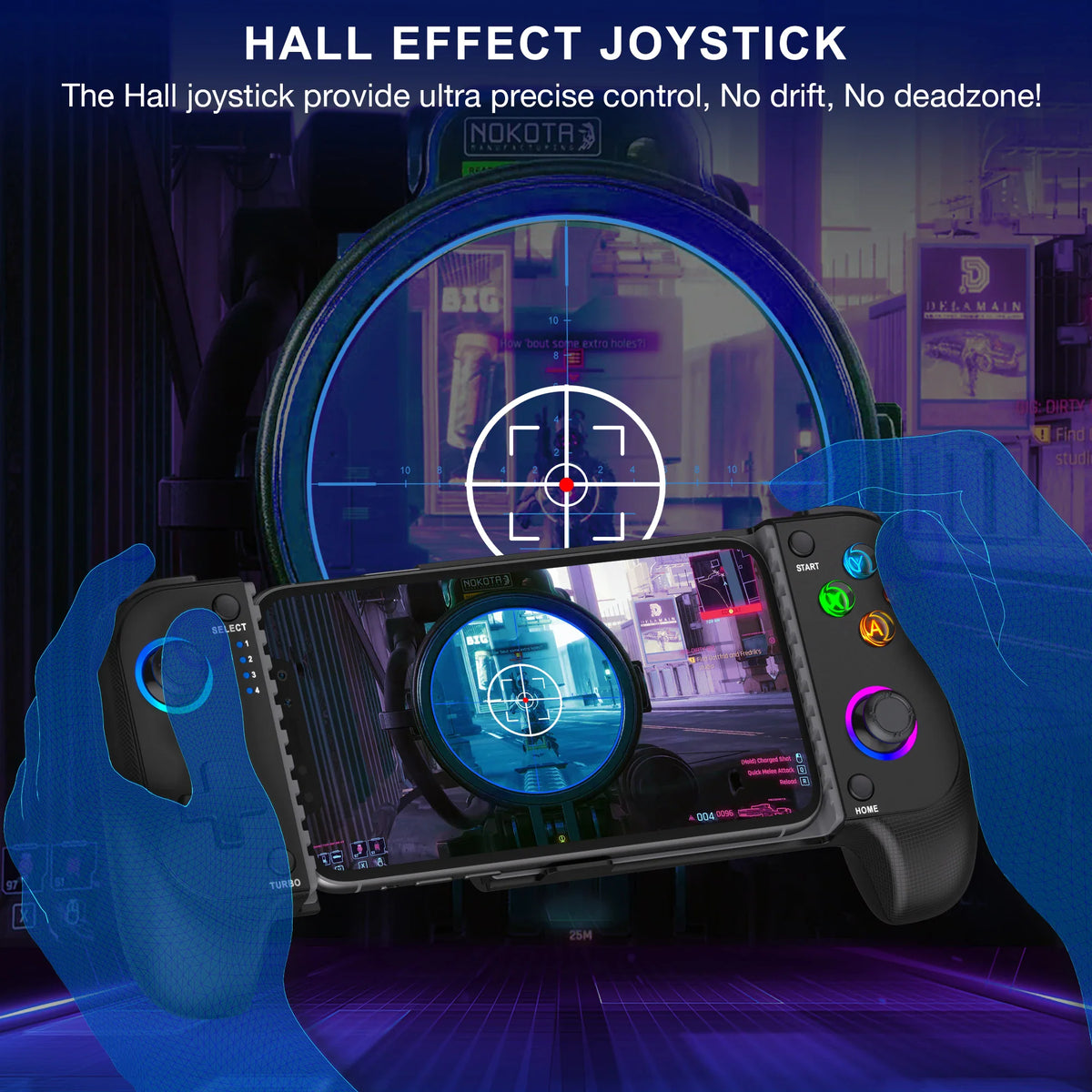 A close-up view of a player using a smartphone controller to play a first-person shooter game.