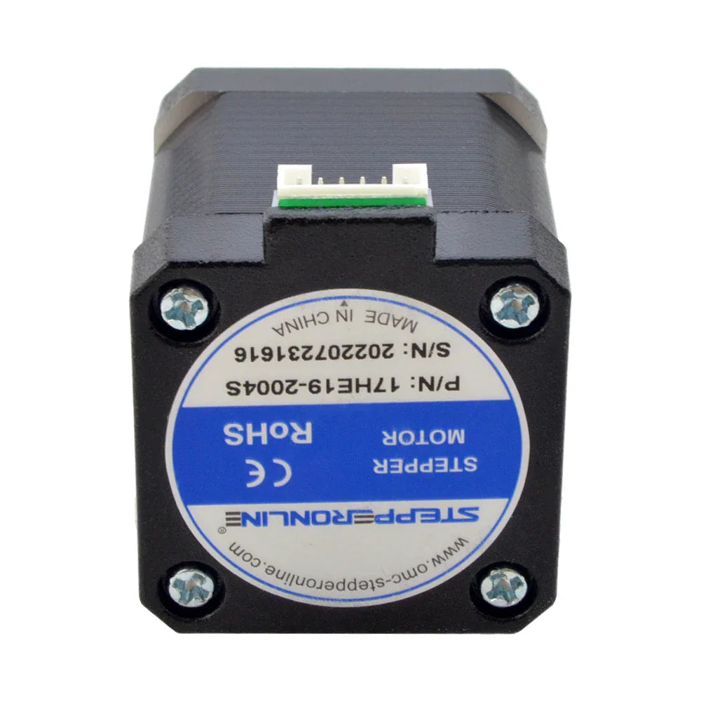 Rear view of a Nema 17 stepper motor showing the product label, serial number, and electrical connection port