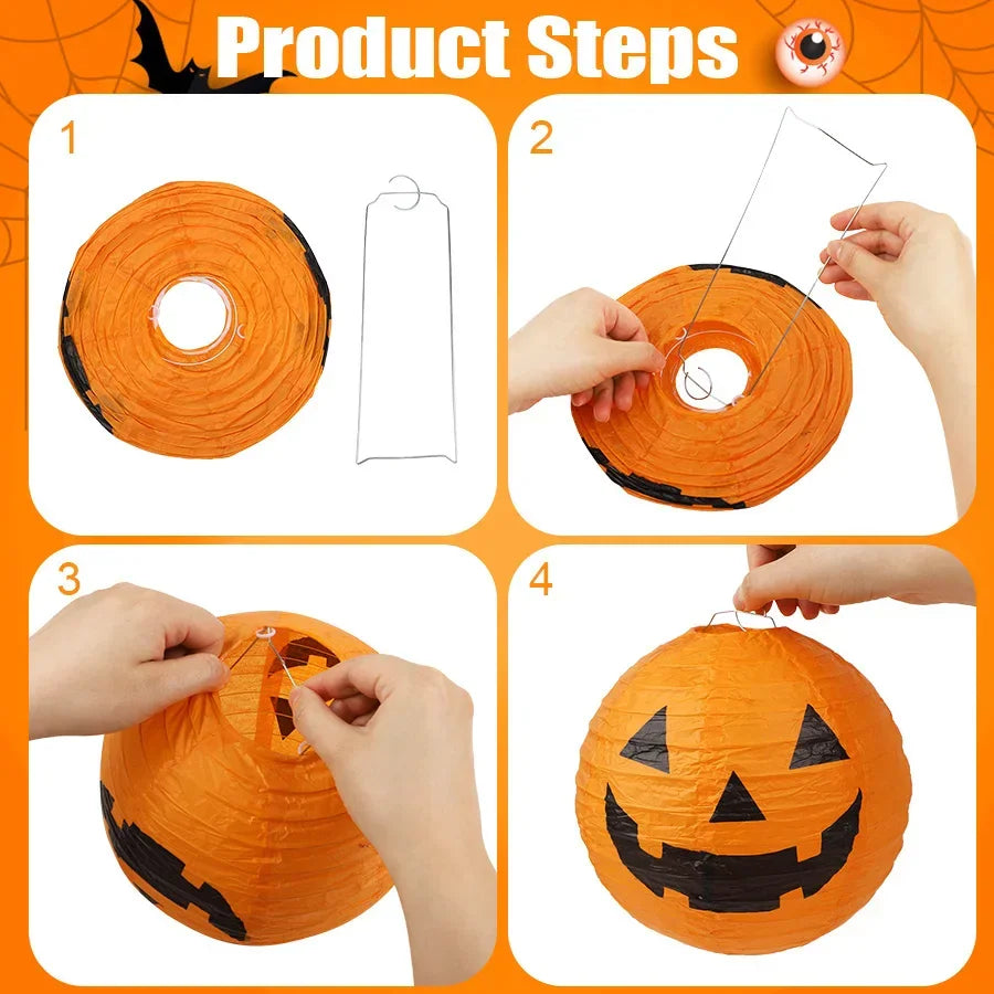 Instruction guide showing how to assemble a jack-o'-lantern paper lantern