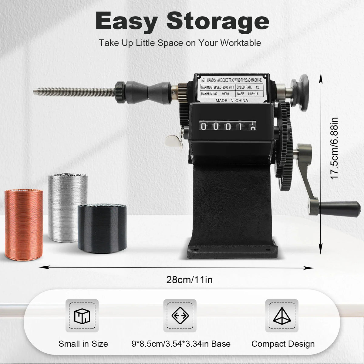 Hand crank coil winding machine showing dimensions and material types