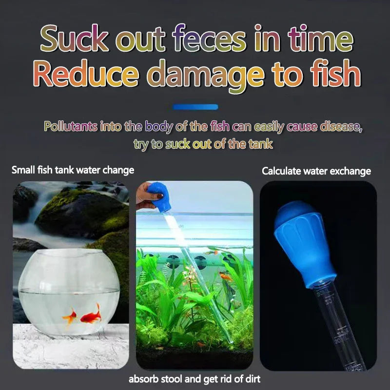 Collage showing a fish tank cleaning tool in use