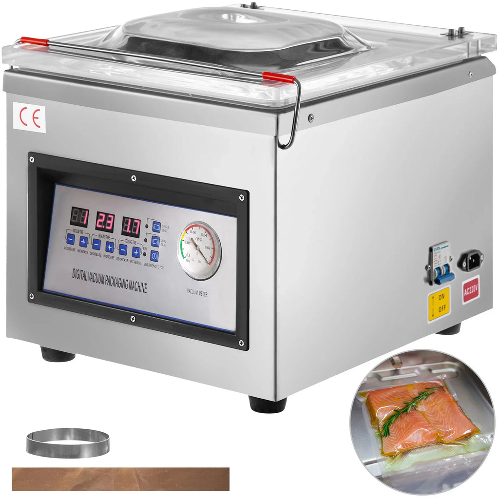 Stainless steel chamber vacuum sealer with a control panel and a separate view of vacuum-sealed salmon