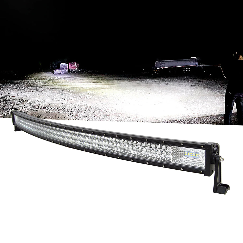 Curved LED light bar illuminating a dark outdoor work area