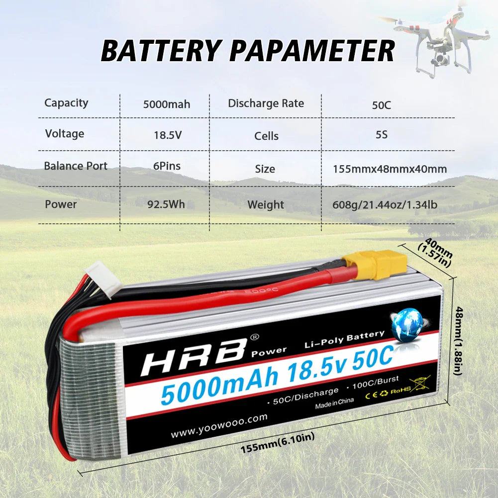 5000mAh 18.5V 5S Li-poly RC battery with technical specification table and drone graphic