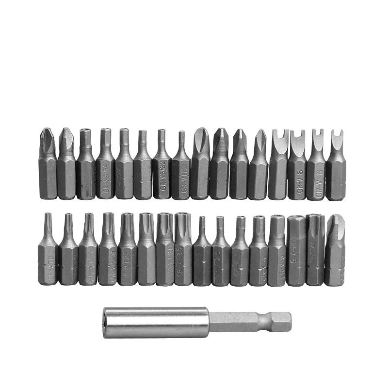 33-piece screwdriver bit set with various heads and a magnetic extension bit holder
