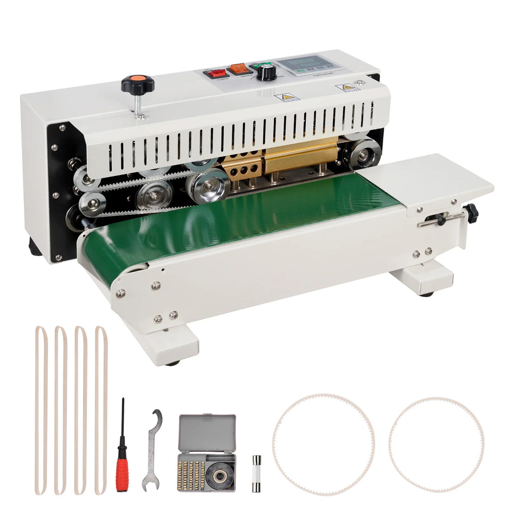 Horizontal bag sealing machine with conveyor belt and included accessories like belts, screwdriver, and fuse.