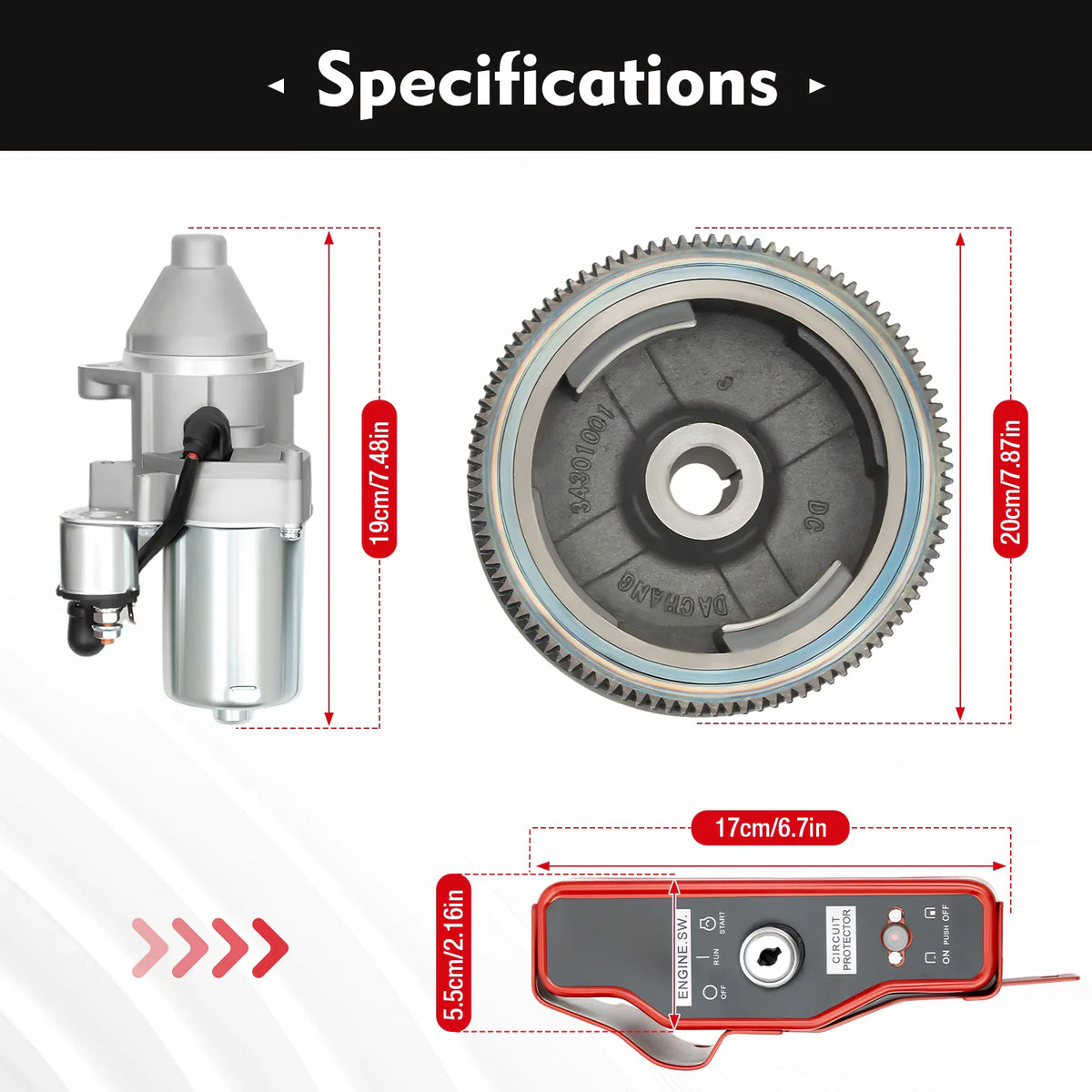 Detailed specifications and measurements of large electric start kit components for engines