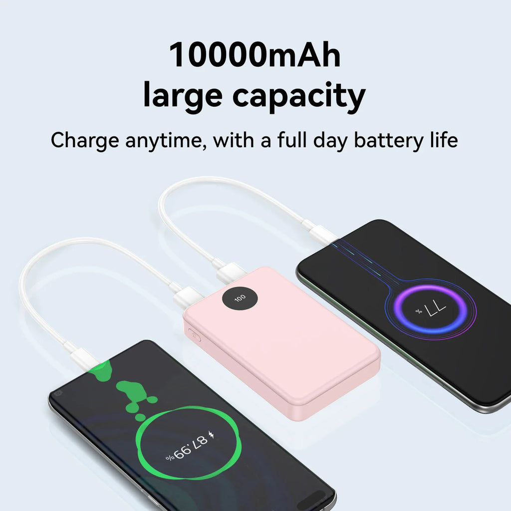 A 10000mAh pink portable power bank charging two smartphones.