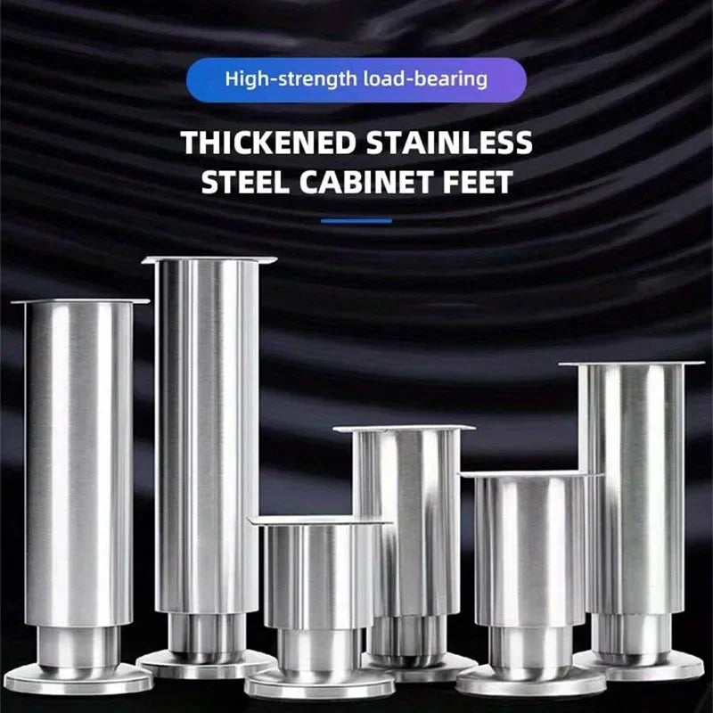 Several stainless steel cabinet legs of varying heights displayed together