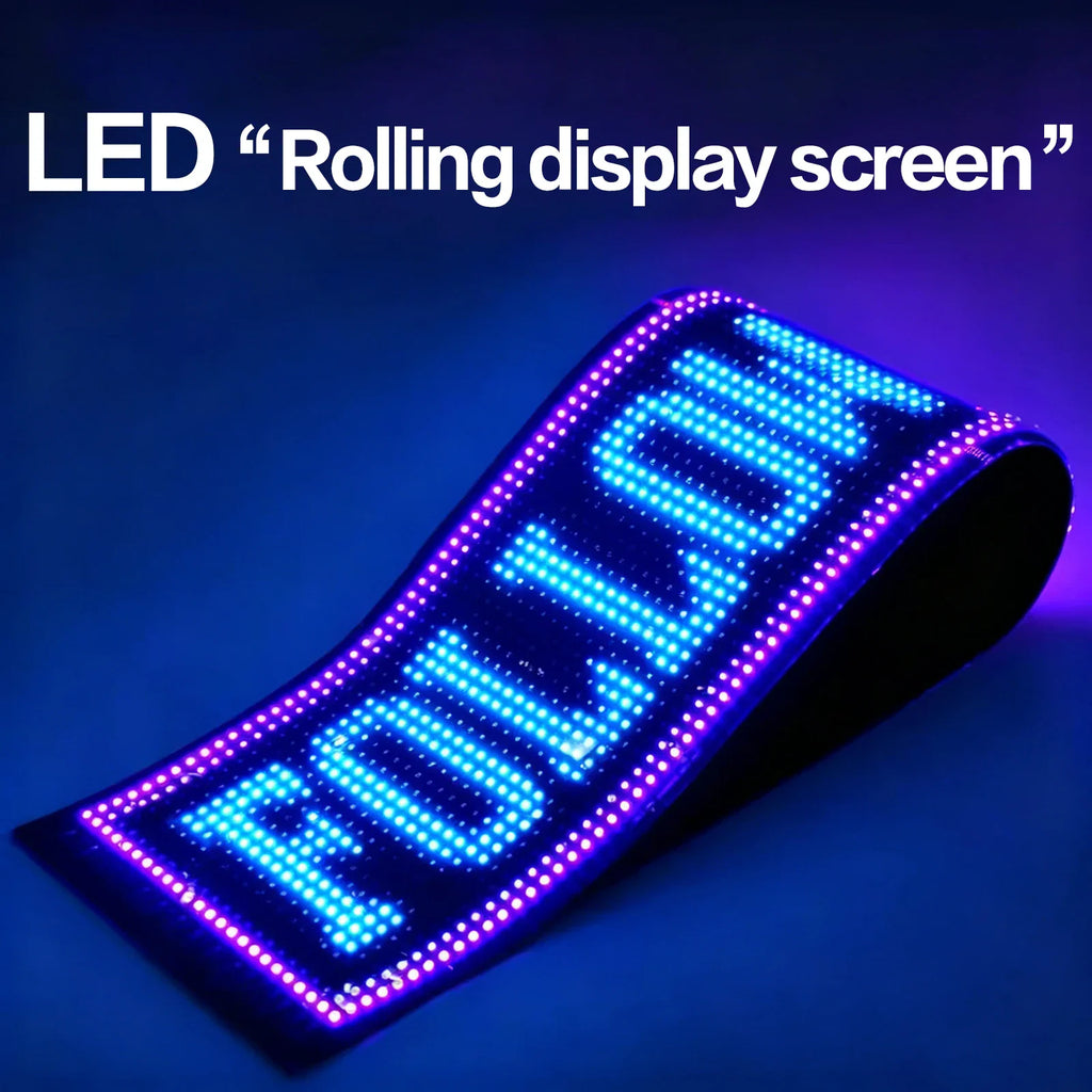 Flexible LED display screen showing blue scrolling text against a dark background