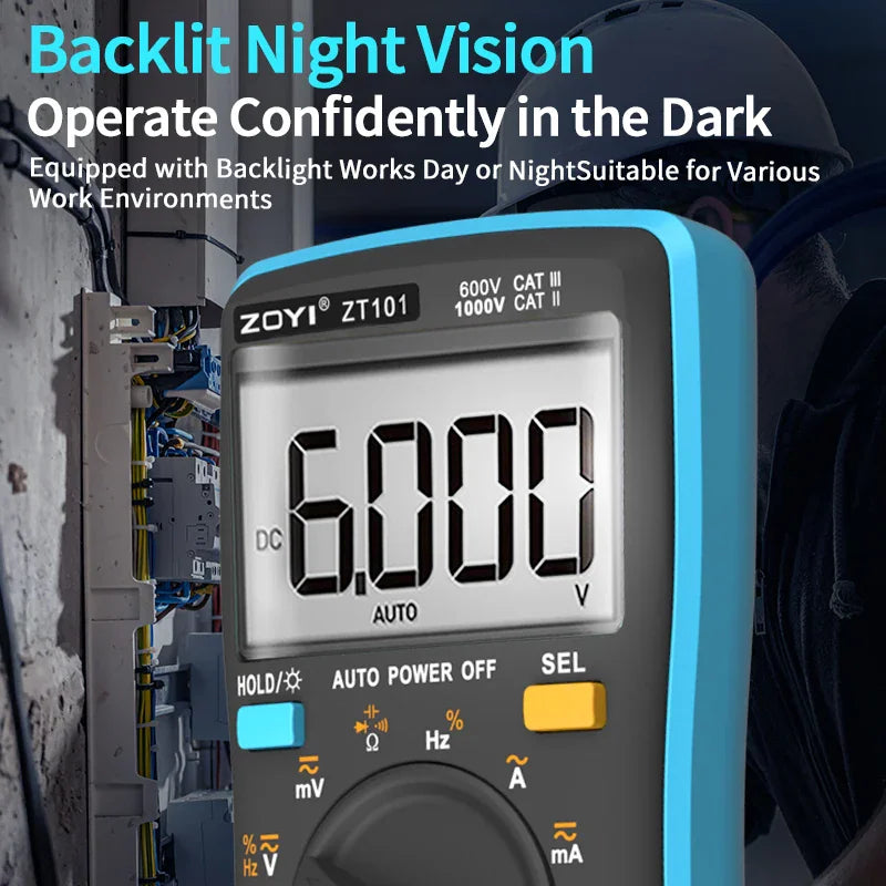 Digital multimeter showing its backlit display feature being used in a dimly lit electrical work environment