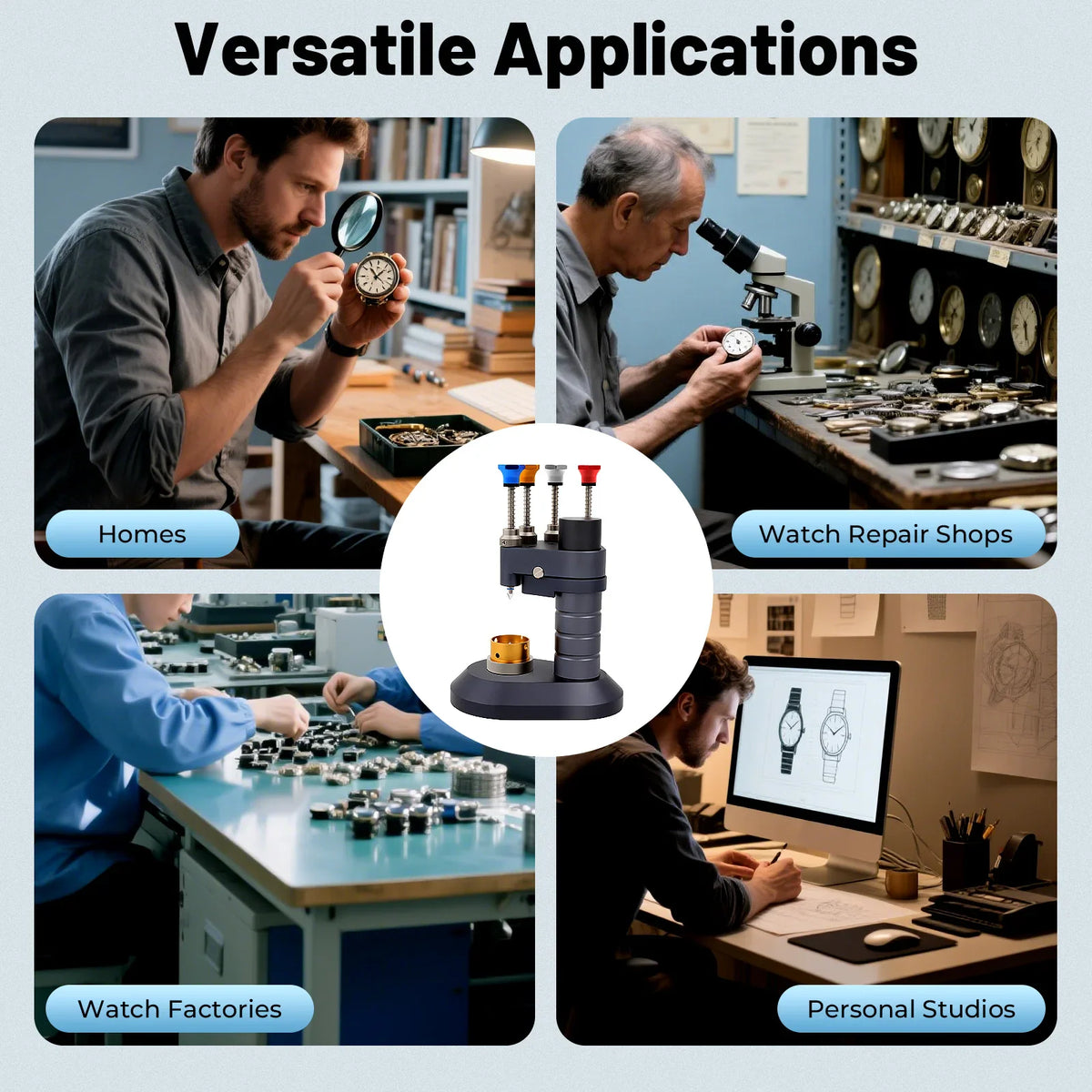 Versatile applications of a watch hand installation tool in homes, workshops, factories and studios.