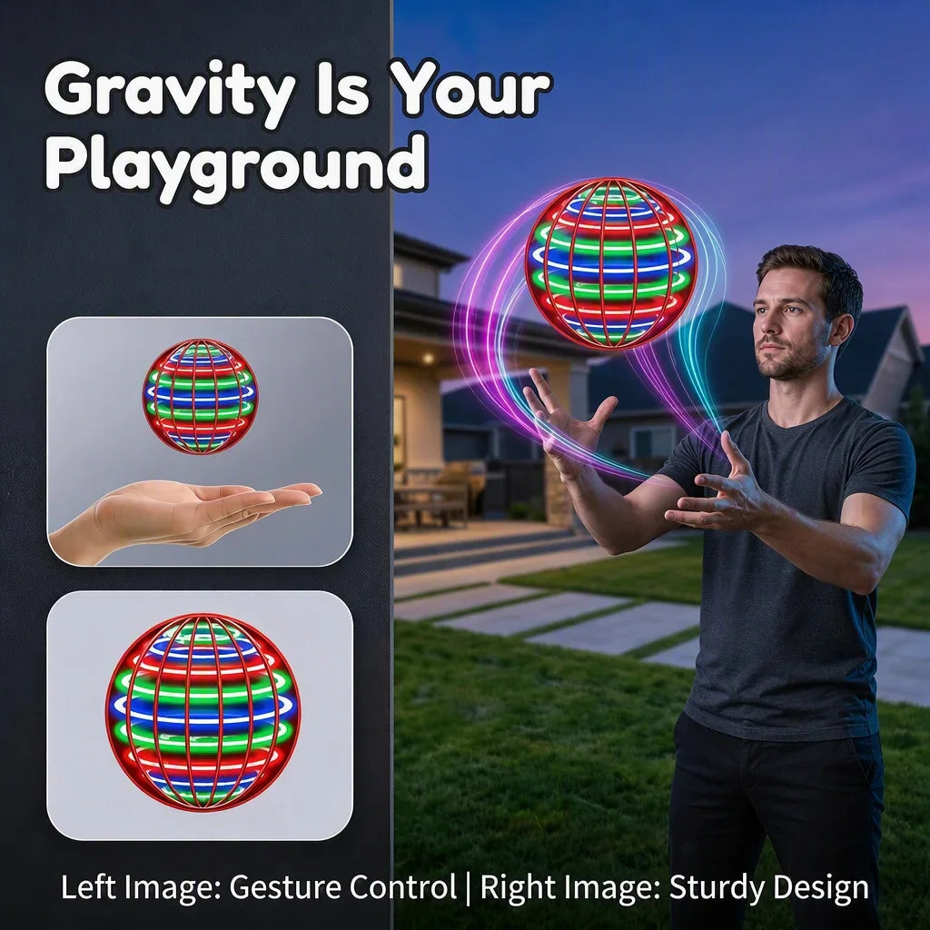 Man playing with a hover orb toy outdoors at dusk