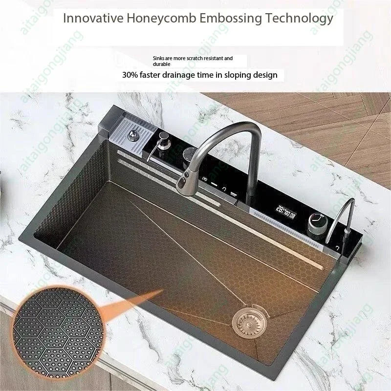 Large rectangular stainless steel kitchen sink with digital display and integrated faucet – view 5