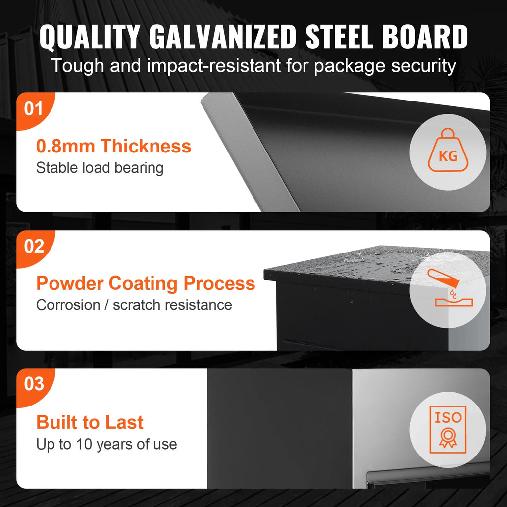 Features of a black parcel delivery box highlighting its 0.8mm thick galvanized steel and powder-coated finish.